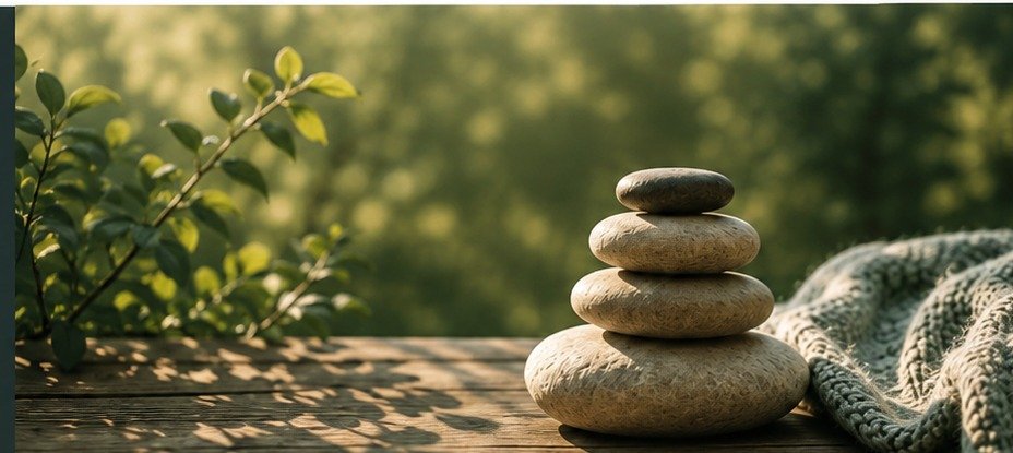 Smooth stones and greenery in a calm natural setting